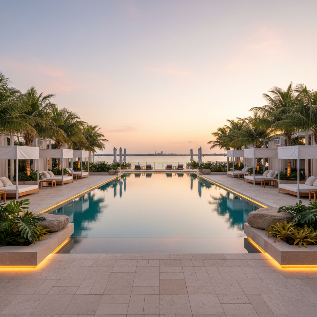 A private bayfront amenity deck at 619 Nobu Brickell, with an infinity-edge pool seamlessly blending into the calm water of Biscayne Bay. Elegant stone decking in pale sand tones surrounds the pool, interspersed with manicured planters of tropical greenery and sculptural rock elements. Luxurious daybeds and low-profile loungers, all unoccupied, are arranged with precise symmetry. Subtle integrated LED lighting traces the pool’s edge as the sky transitions through a soft pastel sunset. Photographic realism, shot from a low angle near the waterline to emphasize the vanishing edge and vast bay view. The atmosphere is quiet, exclusive, and profoundly relaxing, embodying wellness-driven luxury.
