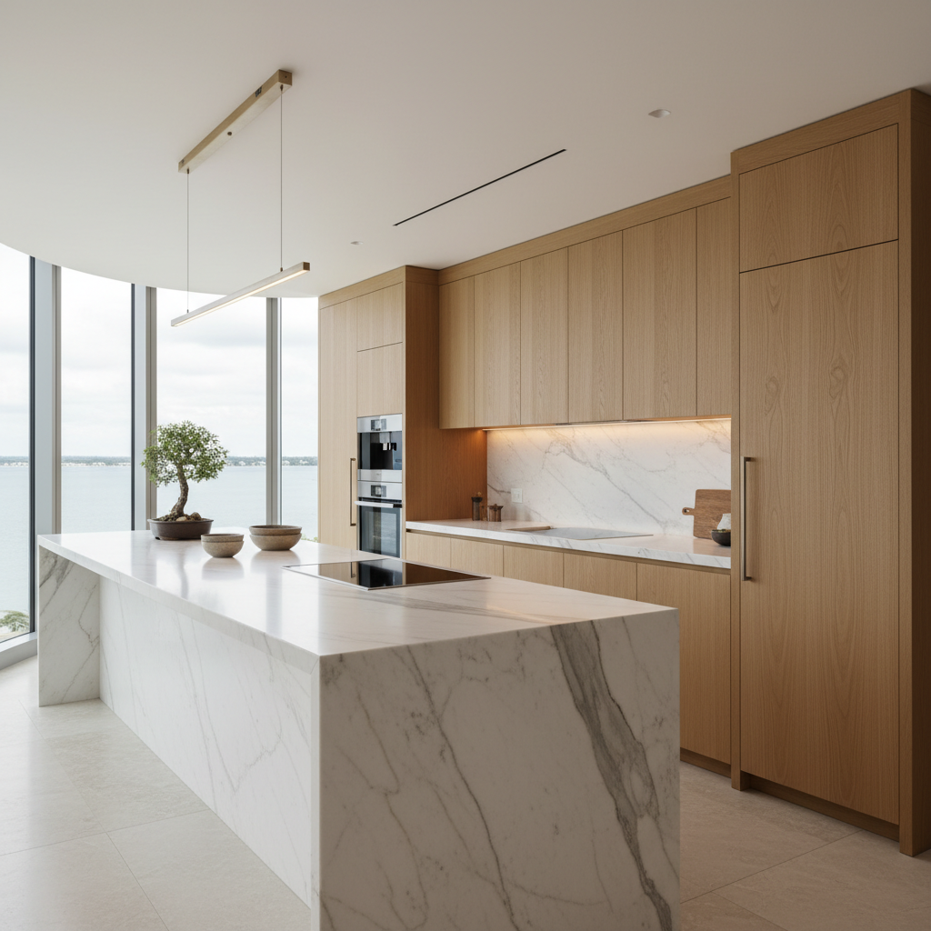 A chef’s kitchen in a Nobu-inspired luxury condo, with a long waterfall island in honed white marble veined with soft gray and sand tones, paired with warm rift-cut oak cabinetry and integrated panel-ready appliances. A flush induction cooktop and slimline vent disappear into the minimalist design. Under-cabinet lighting and a linear recessed fixture wash the stone with a gentle glow, while indirect natural light from an adjacent bayfront window adds depth. Photographic realism, captured from a three-quarter angle, focusing on textures of stone and wood. The mood is clean, serene, and meticulously crafted, evoking wellness-driven, sophisticated culinary living without any clutter.