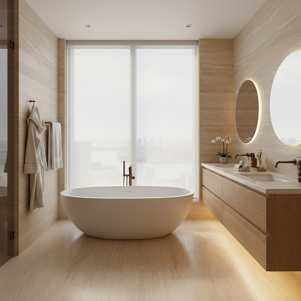 A spacious wellness spa bathroom in a luxury Miami condo, centered around a freestanding oval soaking tub in matte white stone composite set before a full-height window with a filtered view of Biscayne Bay. Walls are clad in large-format travertine with subtle linear veining, and the floor features warm limestone tiles. A long floating vanity with integrated sinks, bronze fixtures, and under-vanity ambient lighting glows softly. Morning daylight diffuses through sheer motorized shades, creating a tranquil, spa-like atmosphere. Photographic realism, captured from a slightly elevated corner to show tub, vanity, and view, emphasizing serenity, wellness, and sophisticated minimalism.