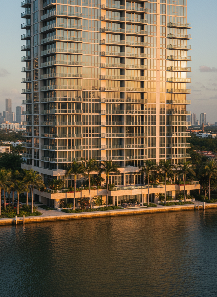 A glass-clad luxury condominium tower rising from a lushly landscaped bayfront podium on Miami’s Brickell waterfront, every balcony lined with sleek glass railings and warm limestone accents. The tower reflects the soft golden hour light, with the calm bay stretching out behind it and the city skyline receding into a gentle bokeh. Photographic realism, captured from a slightly elevated angle across the water, emphasizing the building’s elegant vertical lines and tiered terraces. The mood is sophisticated and serene, with subtle reflections rippling across the water and carefully up-lit palm trees framing the base, conveying a new standard of wellness-driven luxury living.