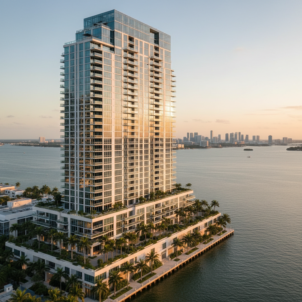 A glass-clad luxury condominium tower rising from a lushly landscaped bayfront podium on Miami’s Brickell waterfront, every balcony lined with sleek glass railings and warm limestone accents. The tower reflects the soft golden hour light, with the calm bay stretching out behind it and the city skyline receding into a gentle bokeh. Photographic realism, captured from a slightly elevated angle across the water, emphasizing the building’s elegant vertical lines and tiered terraces. The mood is sophisticated and serene, with subtle reflections rippling across the water and carefully up-lit palm trees framing the base, conveying a new standard of wellness-driven luxury living.