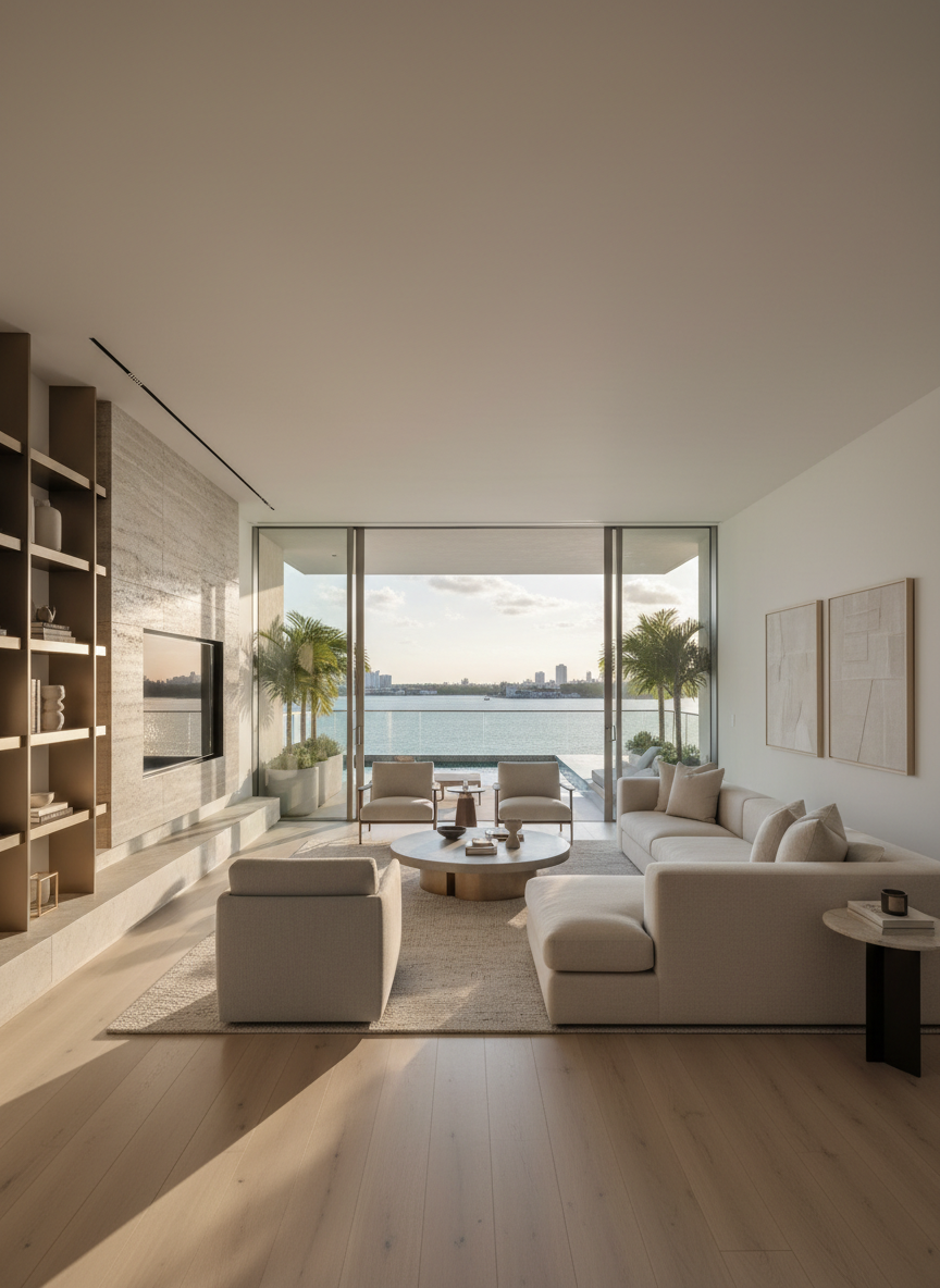 An ultra-luxury condo living room at 619 Nobu Brickell, featuring floor-to-ceiling glass opening directly to a spacious bayfront terrace. Inside, pale oak wide-plank floors, a low-profile stone-clad media wall, and a sculptural built-in shelving system in matte champagne metal create a refined palette. A large neutral sectional faces the water, with minimal decor and curated art objects. Soft late-afternoon natural light pours in, casting long, elegant shadows across the room. Photographic realism, shot at eye level with a wide lens to capture both interior and terrace, creating an atmosphere of calm, understated opulence and sophisticated modern Miami living.